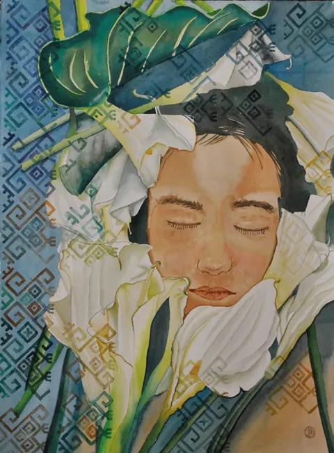 Acuarela de un rostro dormido entre alcatraces blancos