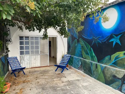 El patio del centro con un mural de selva y luna llena, y dos sillas azules