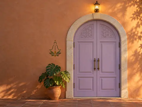 Una puerta lila de doble hoja bajo un arco de cantera: la entrada al centro