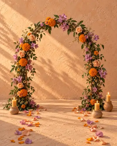 Un arco de flores de cempasúchil, rosas y buganvilia, con velas encendidas y un camino de pétalos al pie