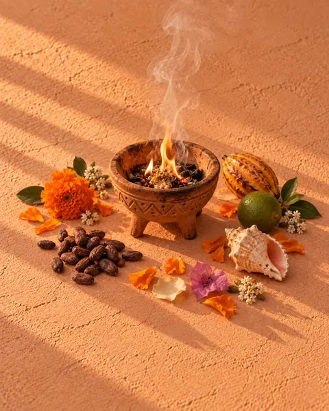 Un pequeño fuego en un brasero de barro, con humo de copal y ofrendas de flores y cacao