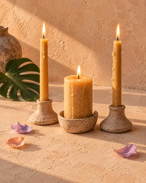 Dos velas delgadas encendidas a los lados de una vela más gruesa