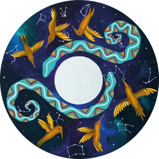 Ome: mandala cósmico con colibríes dorados, una serpiente turquesa y constelaciones