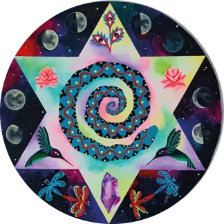 La promesa: mandala cósmico con una estrella de seis puntas y una espiral de serpiente