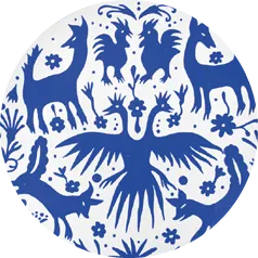 Mandala Dualidad: venados, aves y flores en azul sobre blanco