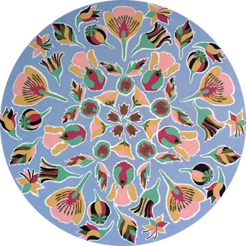 Mandala de Tierra sagrada con flores y semillas sobre fondo azul lavanda