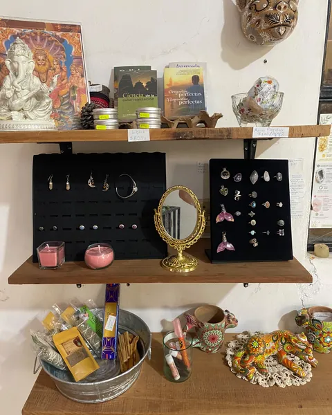 Las repisas de la tienda del centro: un Ganesha, libros, joyería con piedras, velas, salvia y cerámica pintada