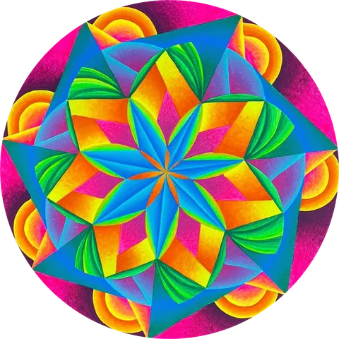Mandala de estrella con pétalos turquesa, naranja y verde sobre fucsia